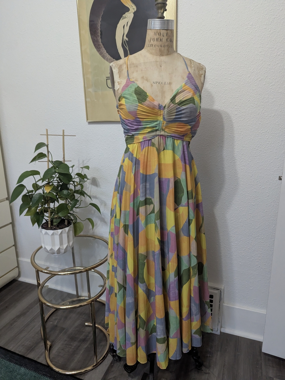 Astr Multicolor Pleated Midi Dress in Yellow, Green, Purple Small